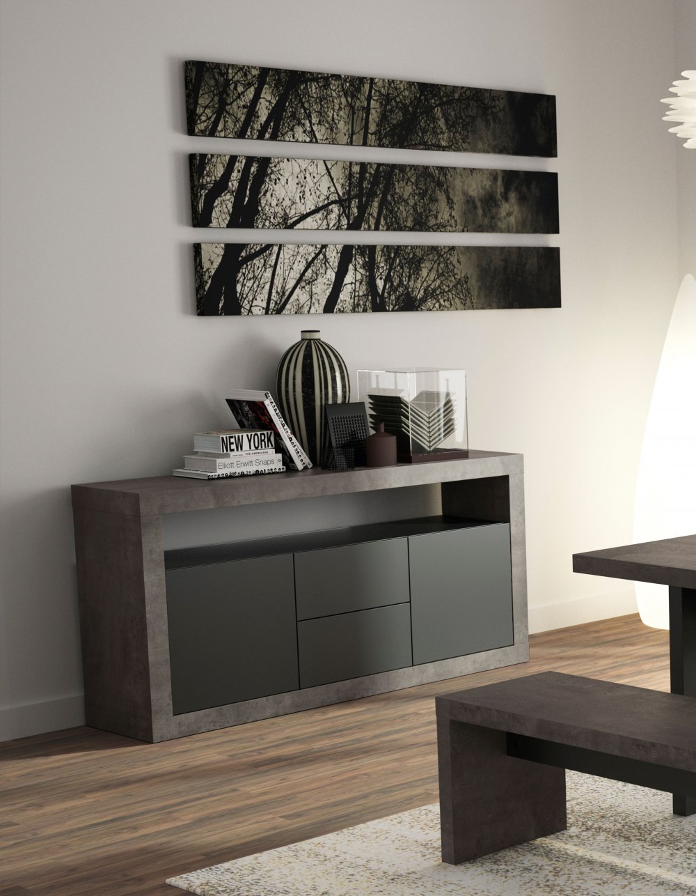 Buffet design DETROIT bois mélaminé Béton/Noir mat